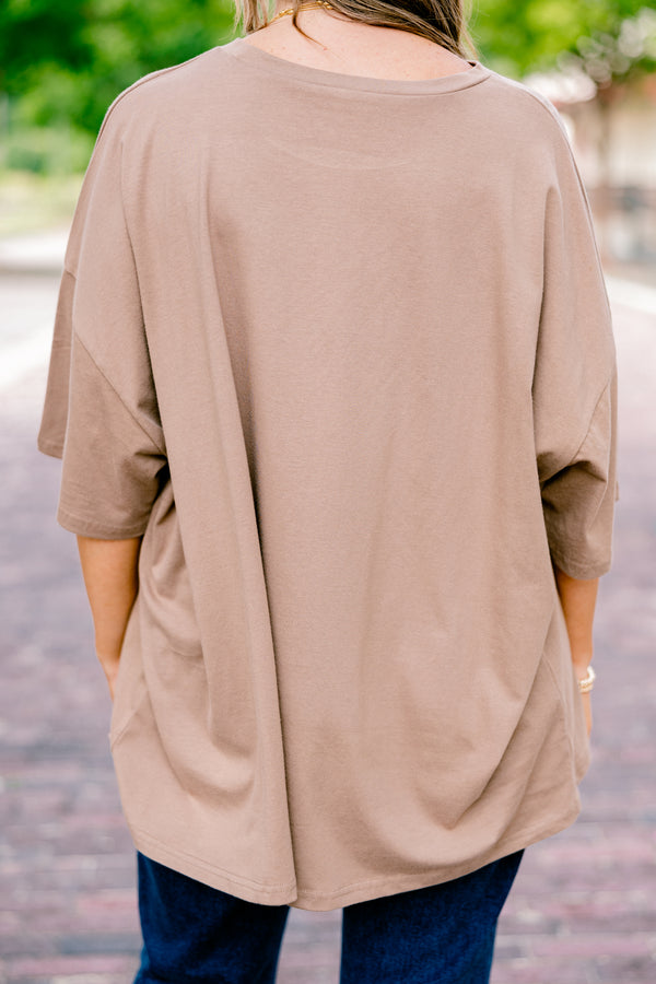 Chic Soul plus size clothing, espresso half sleeve crewneck t-shirt with text graphic that says 