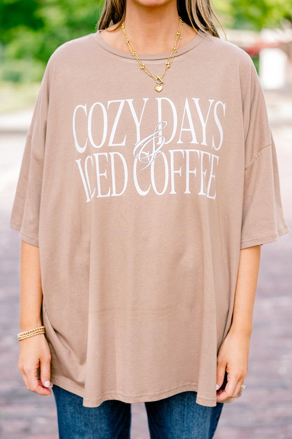 Chic Soul plus size clothing, espresso half sleeve crewneck t-shirt with text graphic that says 