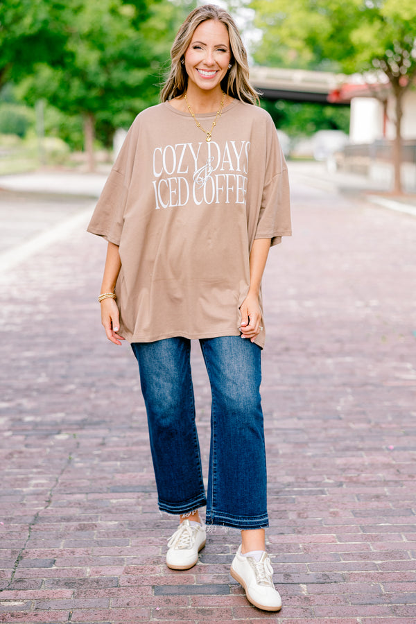 Chic Soul plus size clothing, espresso half sleeve crewneck t-shirt with text graphic that says 