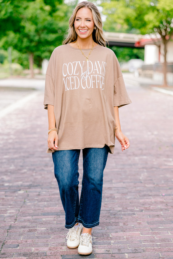 Chic Soul plus size clothing, espresso half sleeve crewneck t-shirt with text graphic that says 