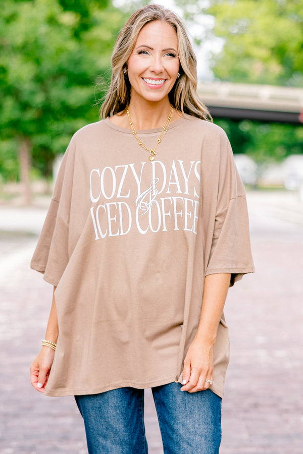 Chic Soul plus size clothing, espresso half sleeve crewneck t-shirt with text graphic that says 