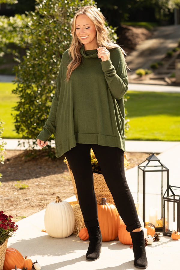 Chic Soul plus size clothing, olive green cowl neck top with slits on the side