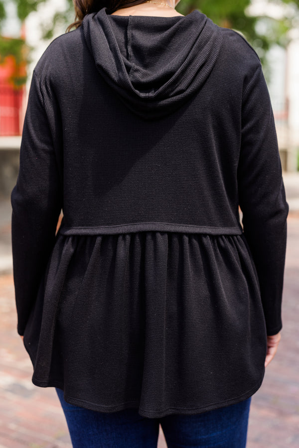 Chic Soul plus size clothing, black long sleeve babydoll style drawstring hoodie with ruffle detail