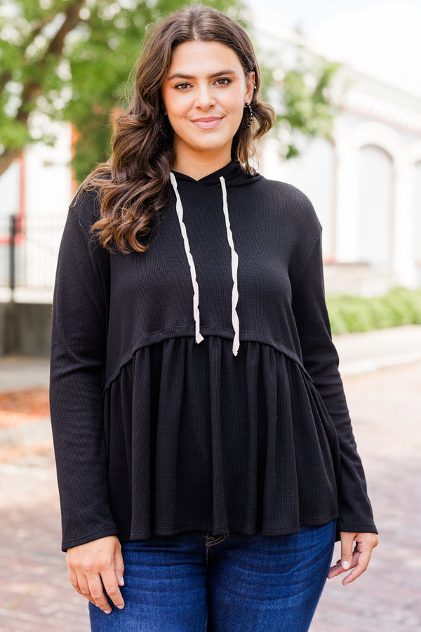 Chic Soul plus size clothing, black long sleeve babydoll style drawstring hoodie with ruffle detail