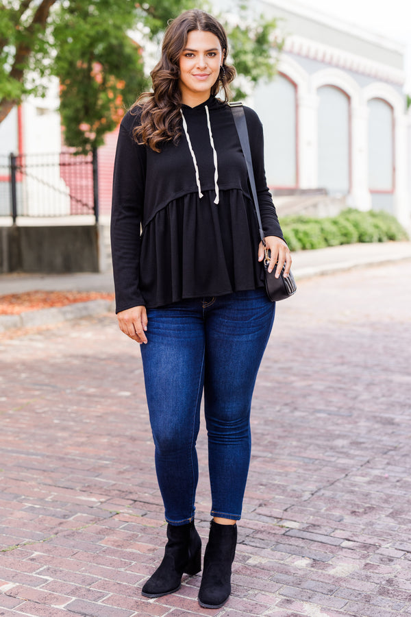 Chic Soul plus size clothing, black long sleeve babydoll style drawstring hoodie with ruffle detail
