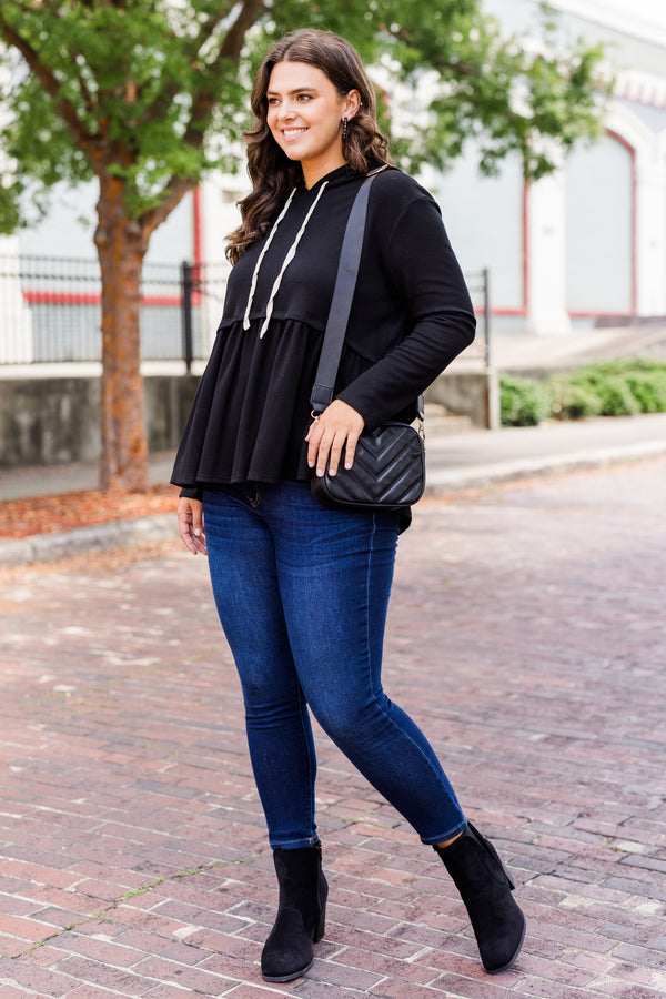 Chic Soul plus size clothing, black long sleeve babydoll style drawstring hoodie with ruffle detail