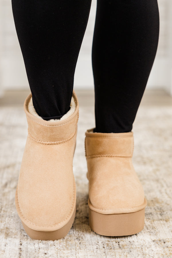 Chic Soul plus size clothing, cozy faux suede oatmeal tan ankle-length booties with slight wedge and fur lining