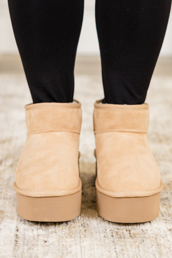 Chic Soul plus size clothing, cozy faux suede oatmeal tan ankle-length booties with slight wedge and fur lining