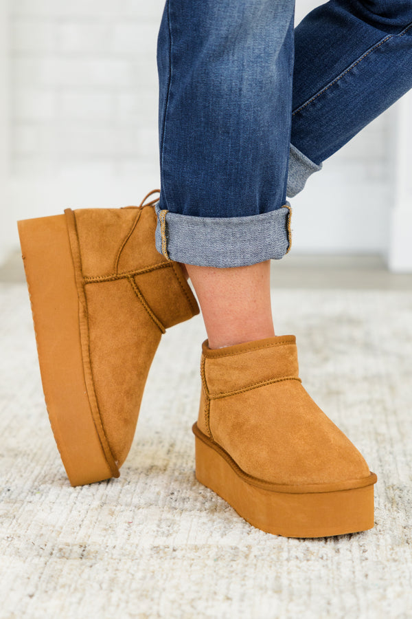 Chic Soul plus size clothing, tan mini platform booties with sherpa