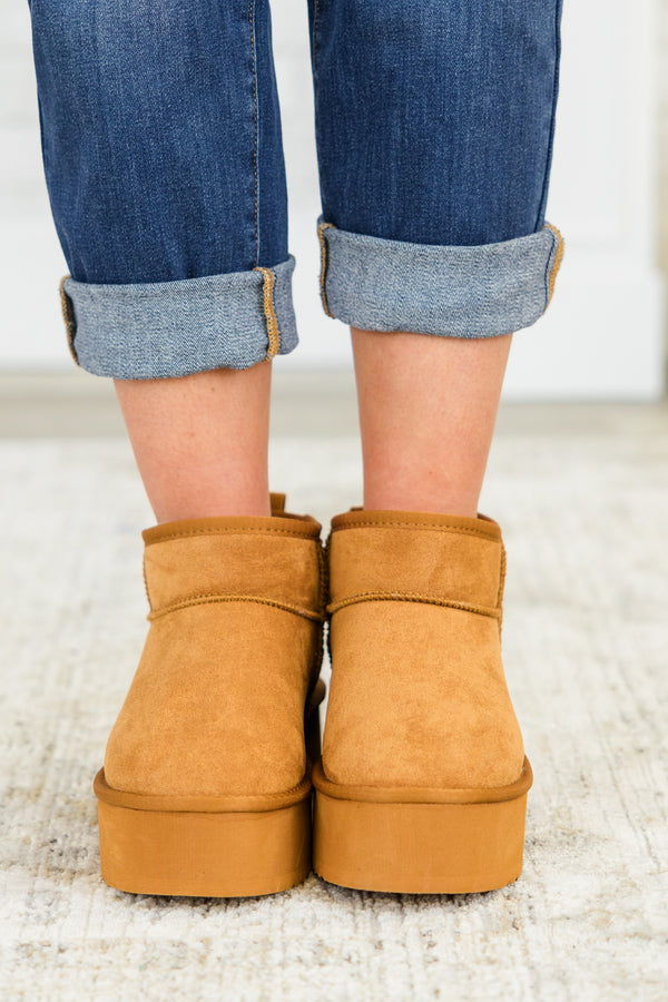 Chic Soul plus size clothing, tan mini platform booties with sherpa