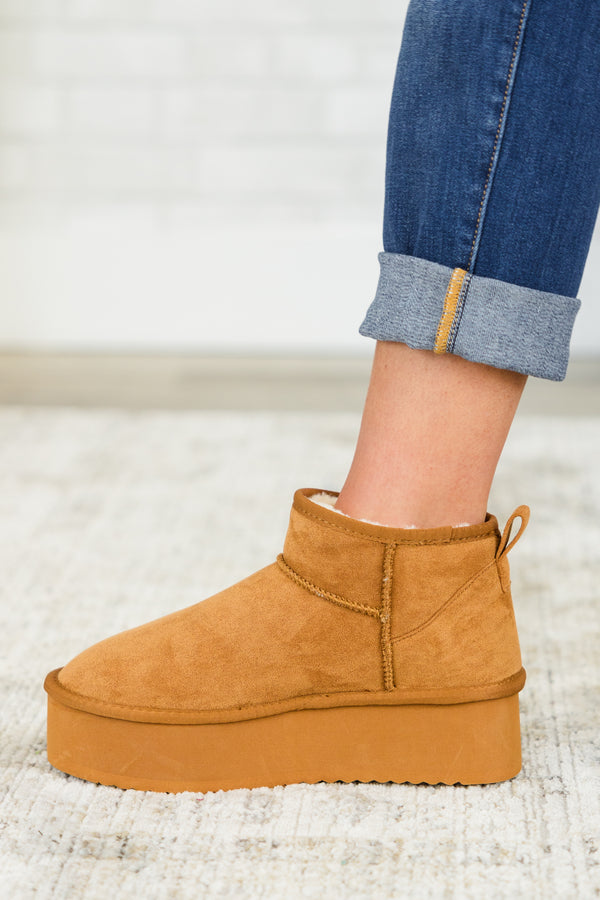 Chic Soul plus size clothing, tan mini platform booties with sherpa