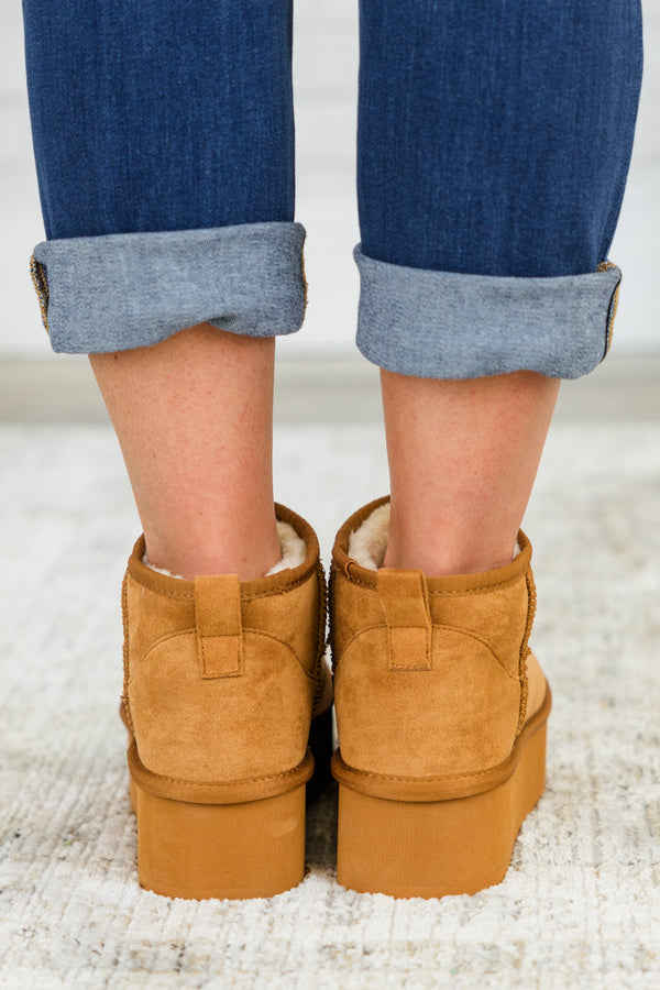 Chic Soul plus size clothing, tan mini platform booties with sherpa