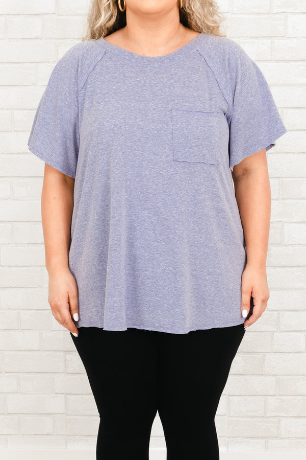 Chic Soul plus size clothing, denim blue top with a front pocket