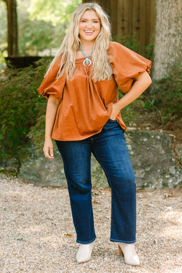 Chic Soul plus size clothing, brown corduroy short puff sleeve top