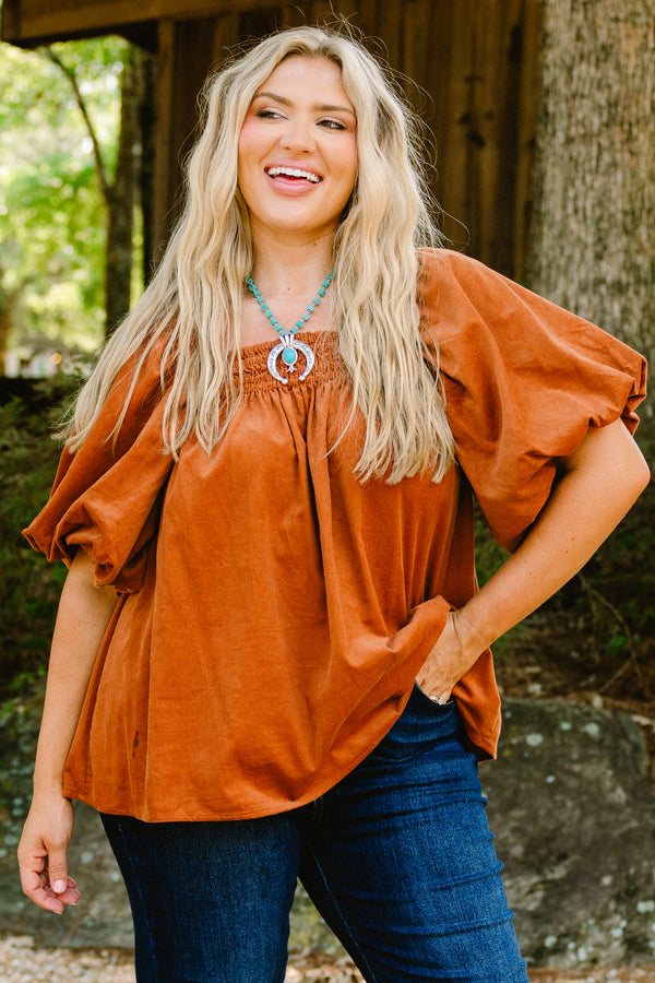 Chic Soul plus size clothing, brown corduroy short puff sleeve top