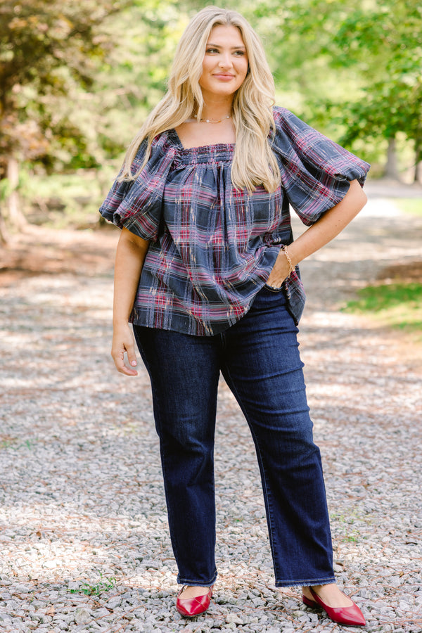 Chic Soul plus size clothing, grey and pink plaid short puff sleeve babydoll top 