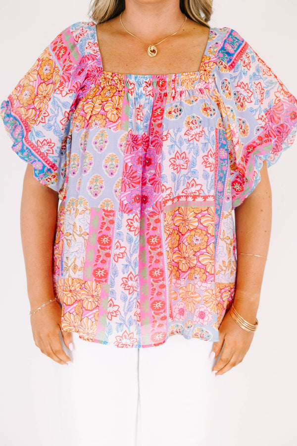 Chic Soul plus size clothing, green multicolored patchwork print short sleeve top with square neckline with puff sleeves