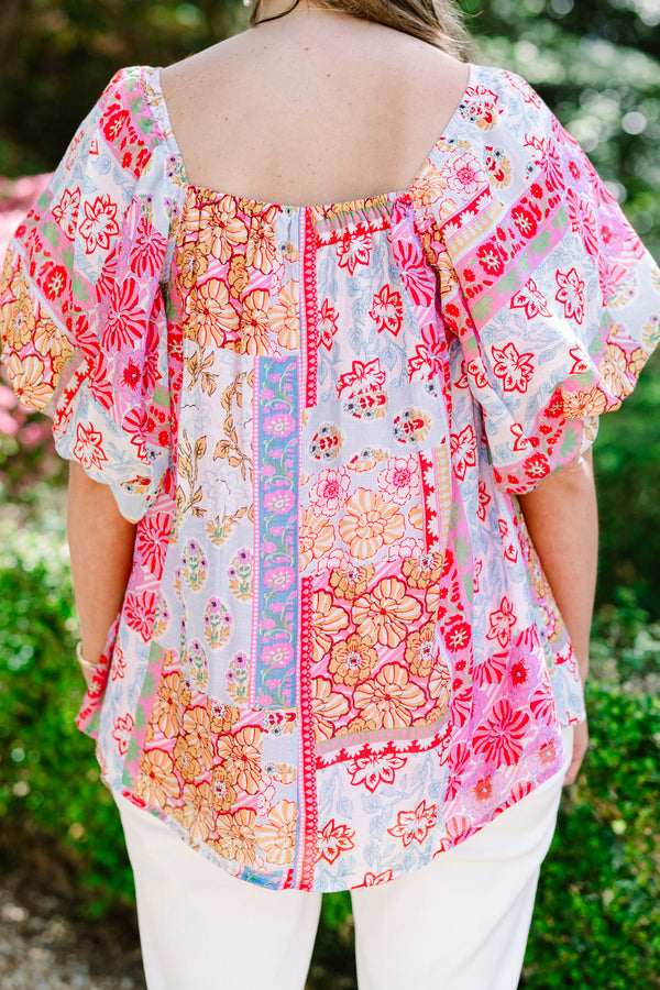 Chic Soul plus size clothing, green multicolored patchwork print short sleeve top with square neckline with puff sleeves