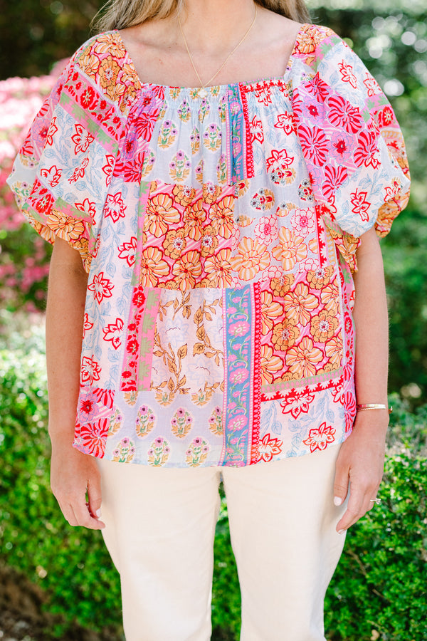 Chic Soul plus size clothing, green multicolored patchwork print short sleeve top with square neckline with puff sleeves