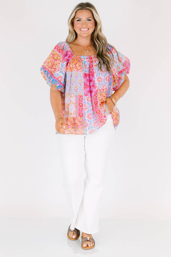 Chic Soul plus size clothing, green multicolored patchwork print short sleeve top with square neckline with puff sleeves