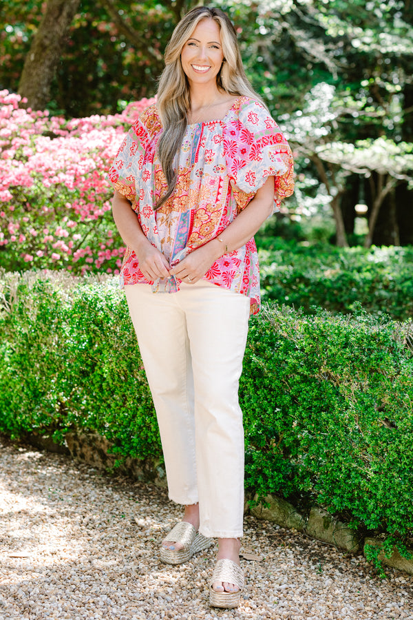 Chic Soul plus size clothing, green multicolored patchwork print short sleeve top with square neckline with puff sleeves