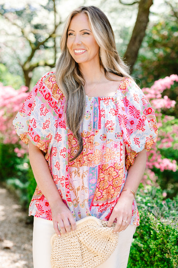 Chic Soul plus size clothing, green multicolored patchwork print short sleeve top with square neckline with puff sleeves