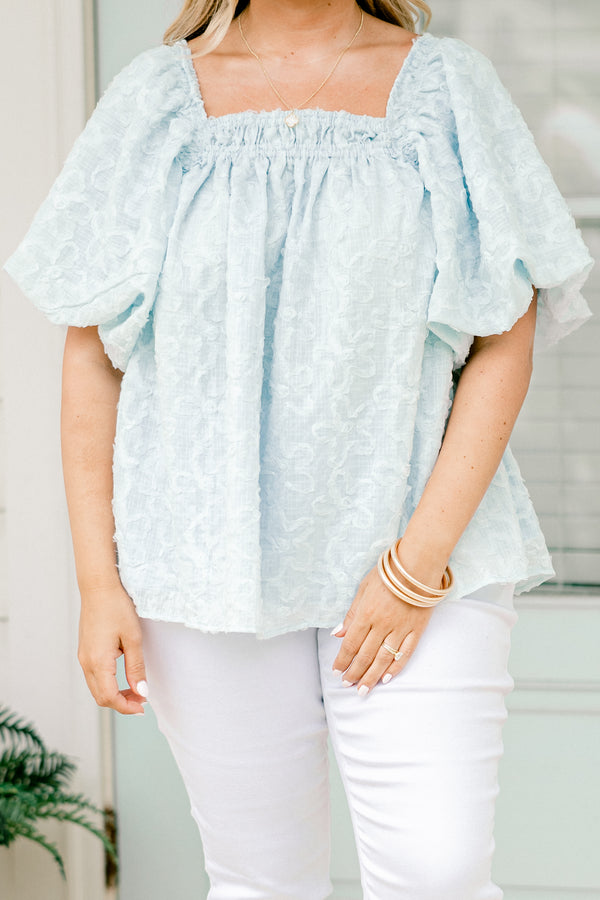 Chic Soul plus size clothing, very pale blue bubble sleeve square neck blouse with subtle floral texture and ruching by neckline