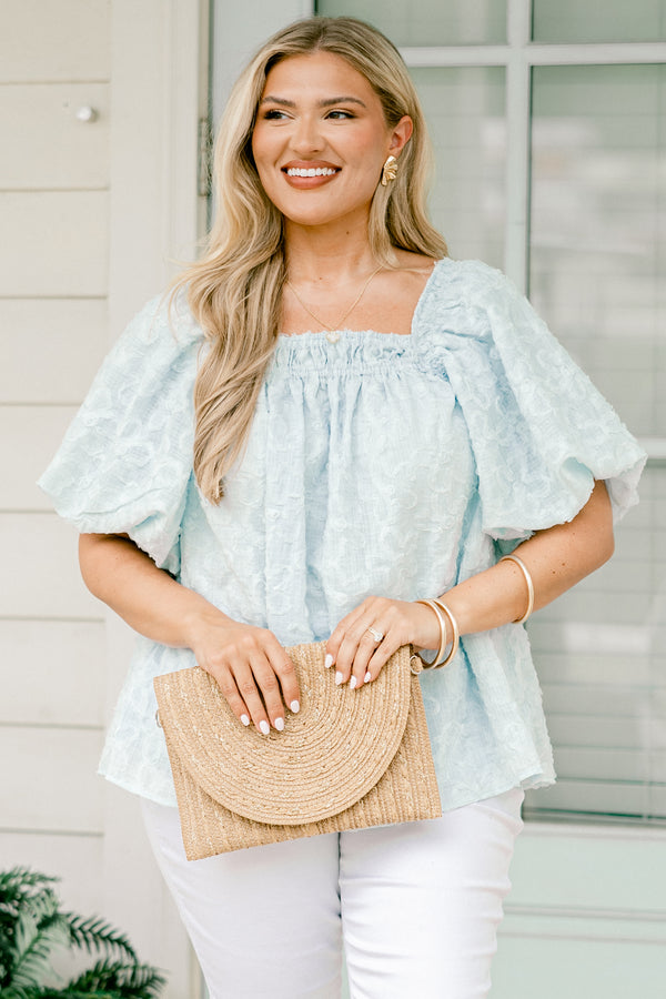 Chic Soul plus size clothing, very pale blue bubble sleeve square neck blouse with subtle floral texture and ruching by neckline