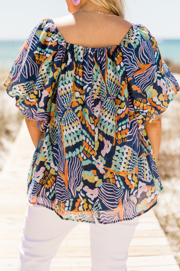 Chic Soul plus size clothing, short-puffed-sleeve navy top with a square-neckline and a multi-colored tropical abstract pattern 