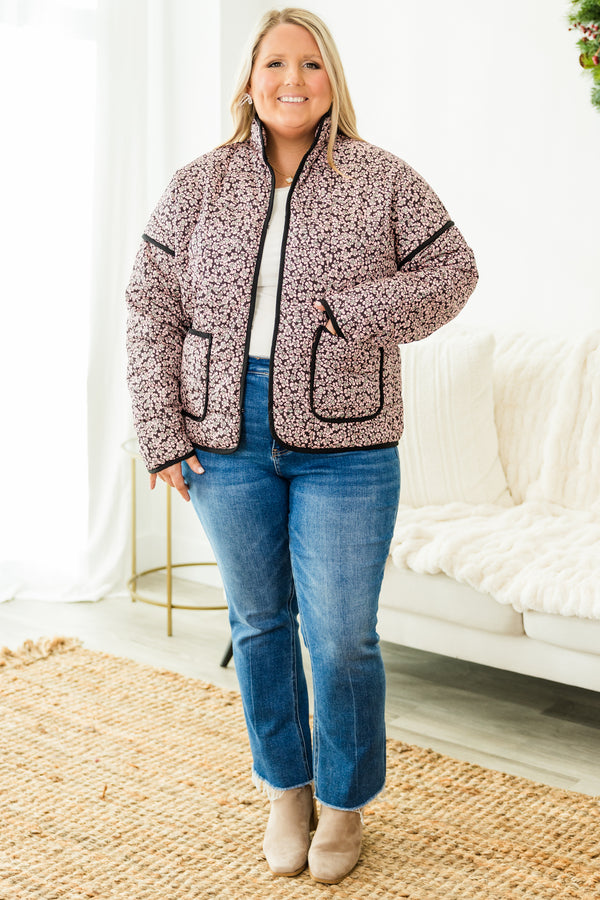 Chic Soul plus size clothing, black long sleeve quilted jacket with pink small floral design with two front pockets outlined in black with black outer stitching detail
