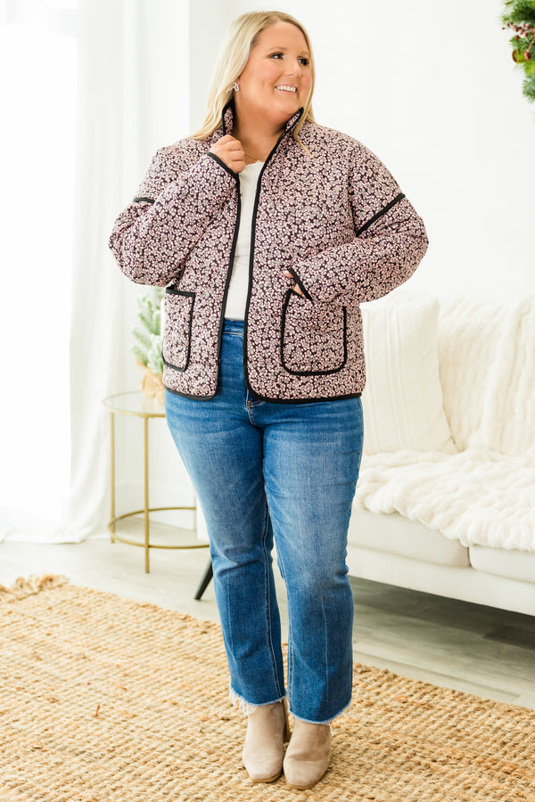 Chic Soul plus size clothing, black long sleeve quilted jacket with pink small floral design with two front pockets outlined in black with black outer stitching detail
