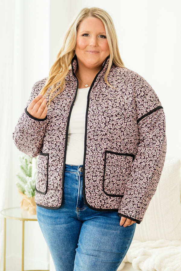 Chic Soul plus size clothing, black long sleeve quilted jacket with pink small floral design with two front pockets outlined in black with black outer stitching detail
