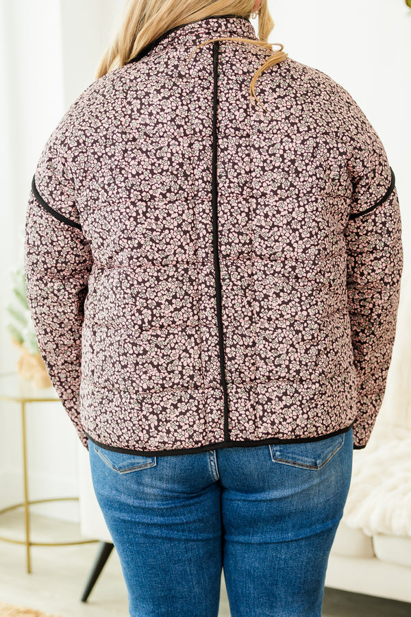 Chic Soul plus size clothing, black long sleeve quilted jacket with pink small floral design with two front pockets outlined in black with black outer stitching detail
