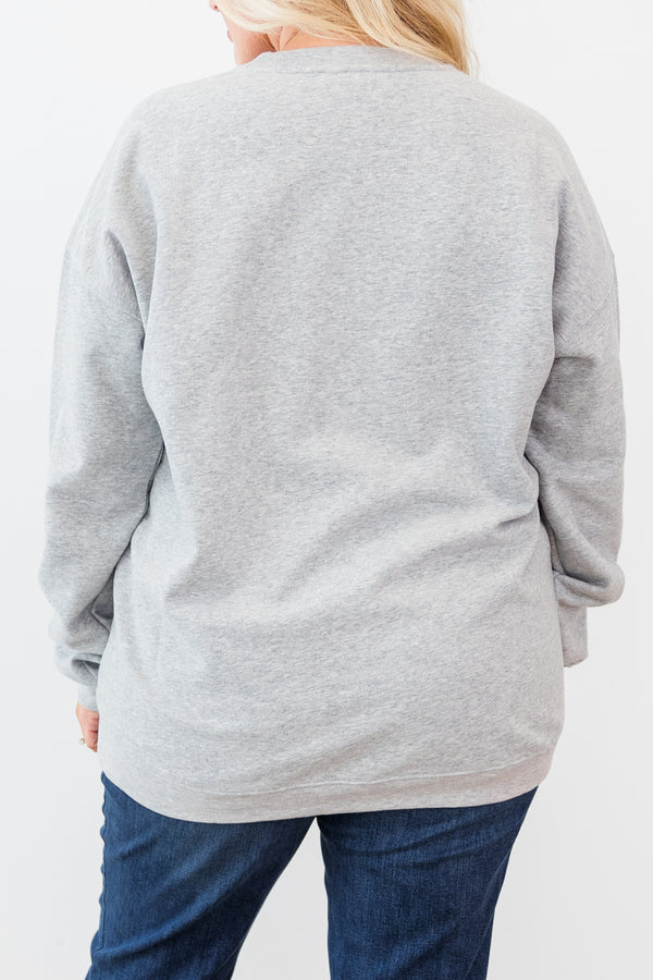 Chic Soul plus size clothing, long-sleeve heather gray crewneck pullover with graphic stating 