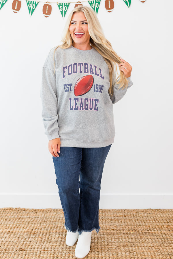 Chic Soul plus size clothing, long-sleeve heather gray crewneck pullover with graphic stating 