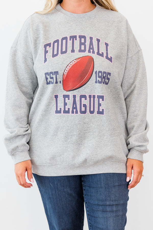 Chic Soul plus size clothing, long-sleeve heather gray crewneck pullover with graphic stating 