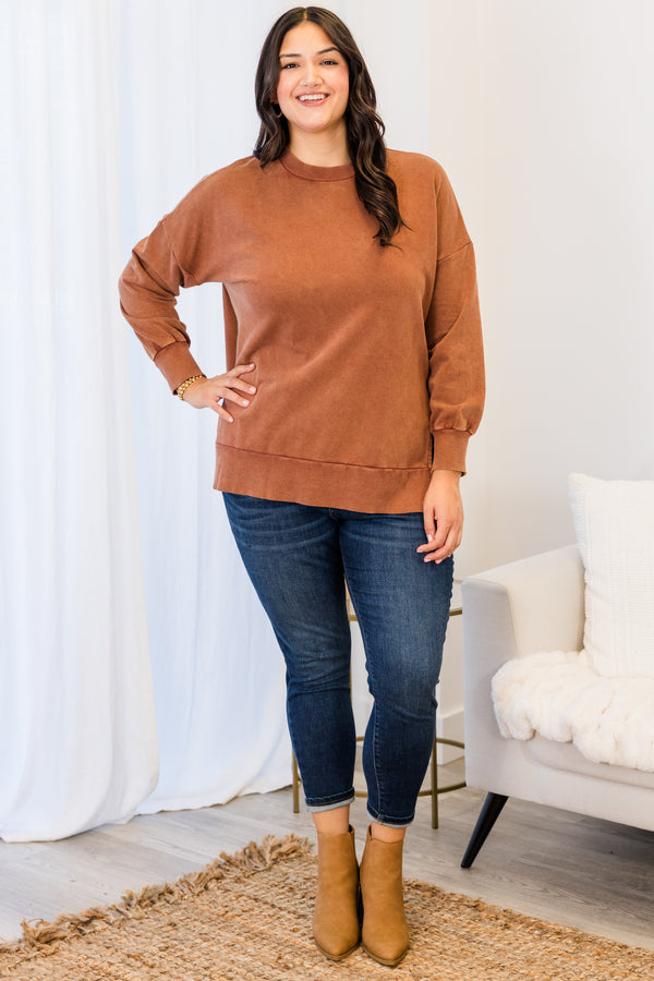 Chic Soul plus size clothing, caramel long sleeve plain pullover with round neckline with cuffed sleeves and band around the bottom 
