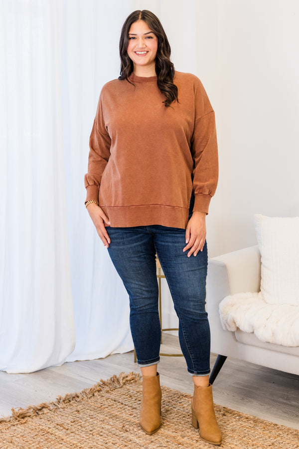 Chic Soul plus size clothing, caramel long sleeve plain pullover with round neckline with cuffed sleeves and band around the bottom 