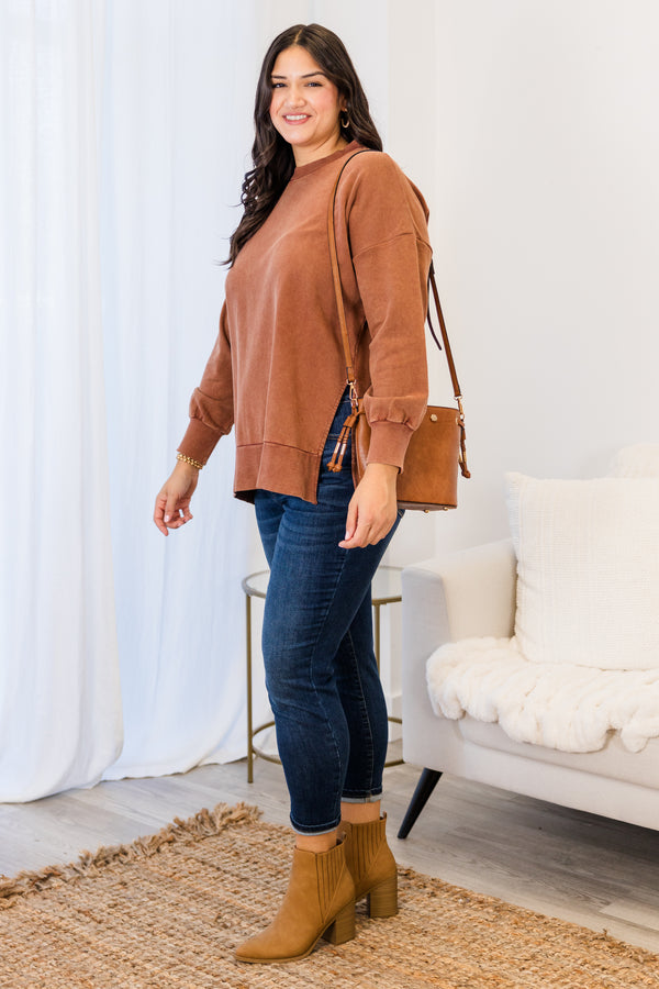 Chic Soul plus size clothing, caramel long sleeve plain pullover with round neckline with cuffed sleeves and band around the bottom 
