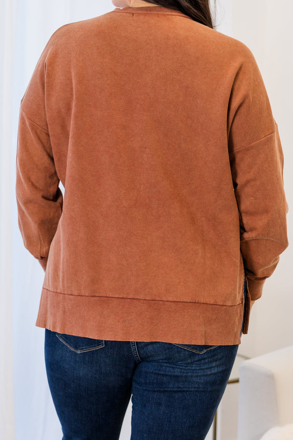Chic Soul plus size clothing, caramel long sleeve plain pullover with round neckline with cuffed sleeves and band around the bottom 