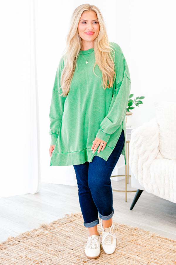 Chic Soul plus size clothing, green acid washed long sleeve pullover with slits on each side and cuff sleeves with round neckline
