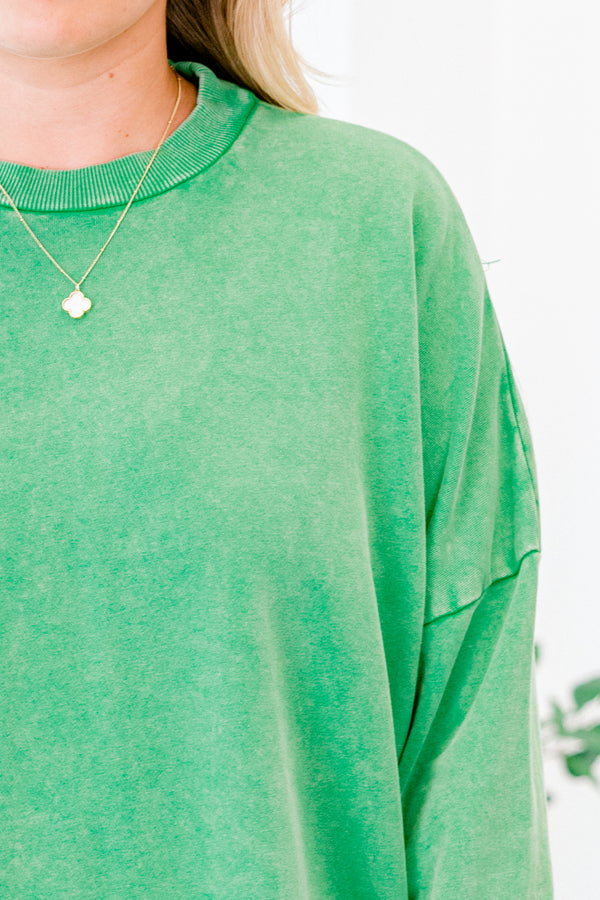 Chic Soul plus size clothing, green acid washed long sleeve pullover with slits on each side and cuff sleeves with round neckline