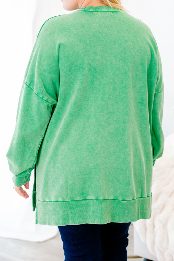 Chic Soul plus size clothing, green acid washed long sleeve pullover with slits on each side and cuff sleeves with round neckline