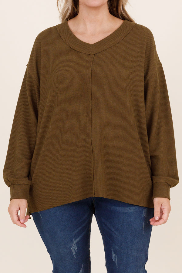 Chic Soul plus size clothing, textured olive sweatshirt with split hem