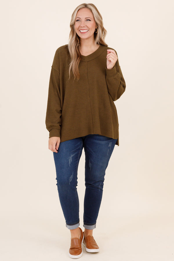 Chic Soul plus size clothing, textured olive sweatshirt with split hem