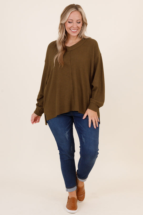 Chic Soul plus size clothing, textured olive sweatshirt with split hem