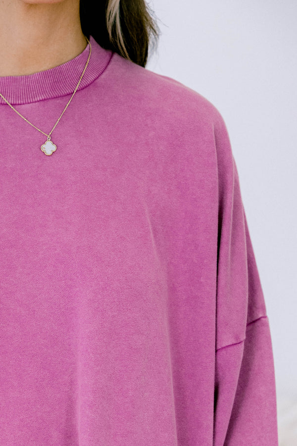 Chic Soul plus size clothing, pink berry long sleeve pullover with round neckline and ribbed cuff sleeves with band across bottom with slits on each side