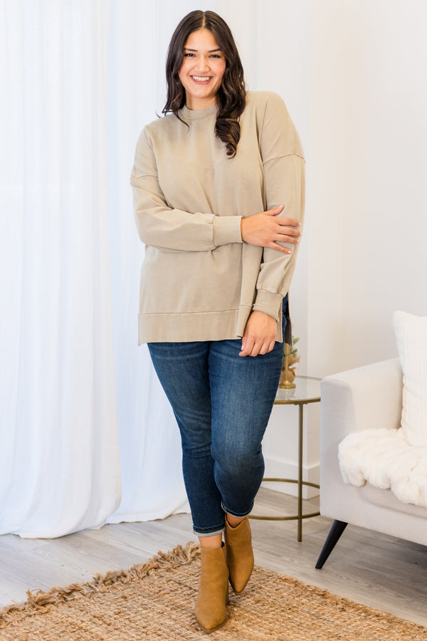 Chic Soul plus size clothing, stone long sleeve pullover with round neckline and cuff sleeves with ribbed band along the bottom