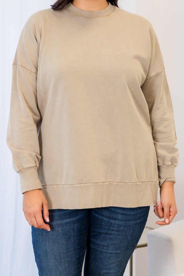 Chic Soul plus size clothing, stone long sleeve pullover with round neckline and cuff sleeves with ribbed band along the bottom