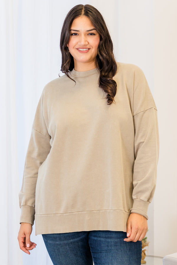 Chic Soul plus size clothing, stone long sleeve pullover with round neckline and cuff sleeves with ribbed band along the bottom